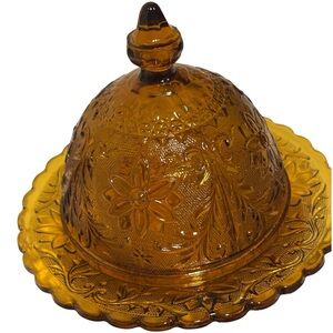 Vintage TIARA INDIANA Domed Amber Butter Dish w/ Raised Floral Sandwich Pattern